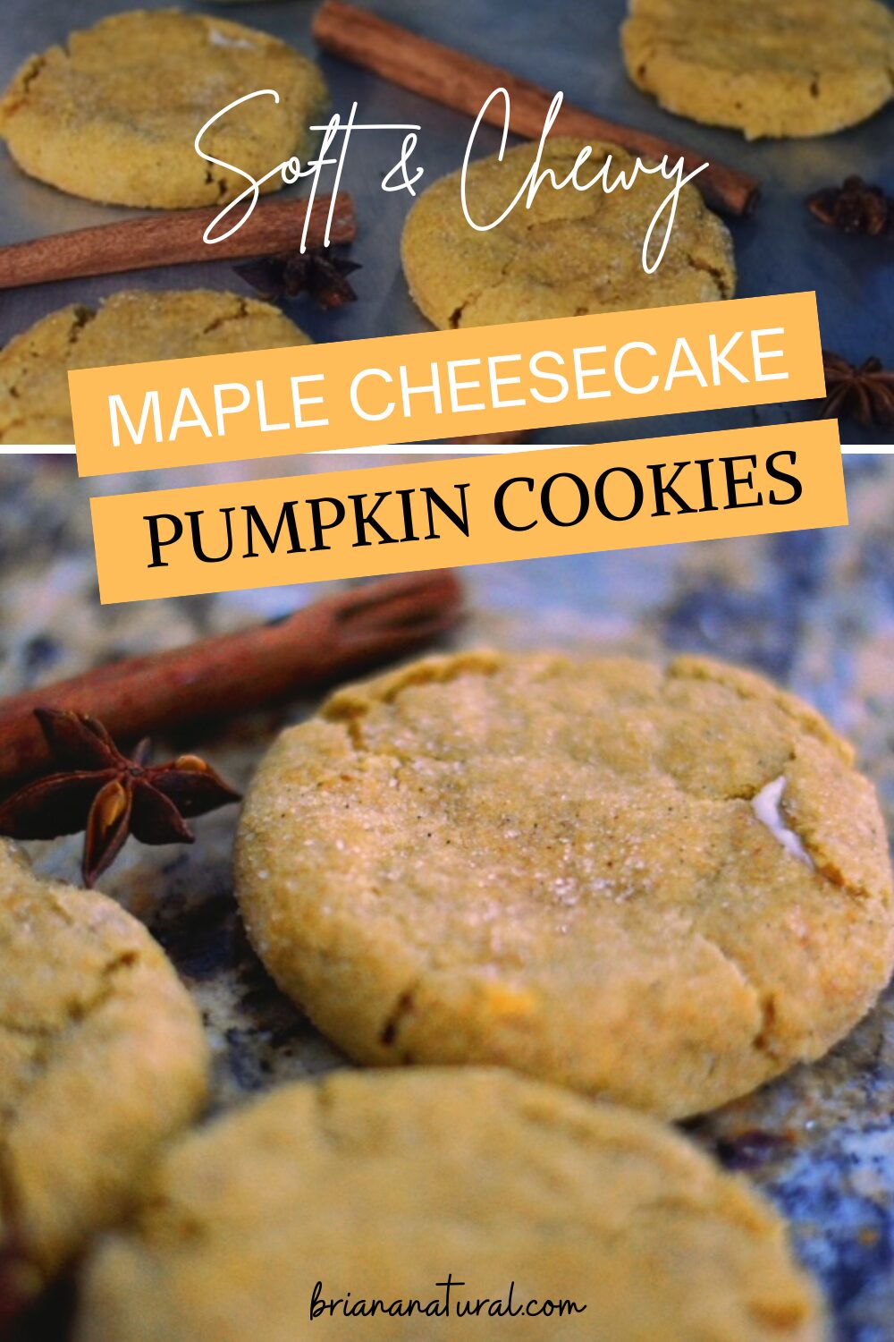 cover photo for recipe post about maple cheesecake pumpkin cookies