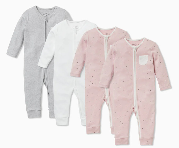 set of 4 baby zip rompers in pink, white and gray