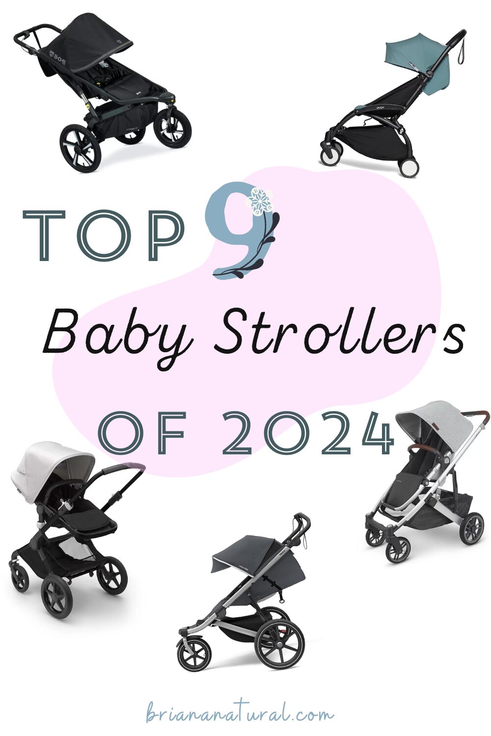 article cover photo of several strollers on a pink background with text stating "top 9 baby strollers of 2024"