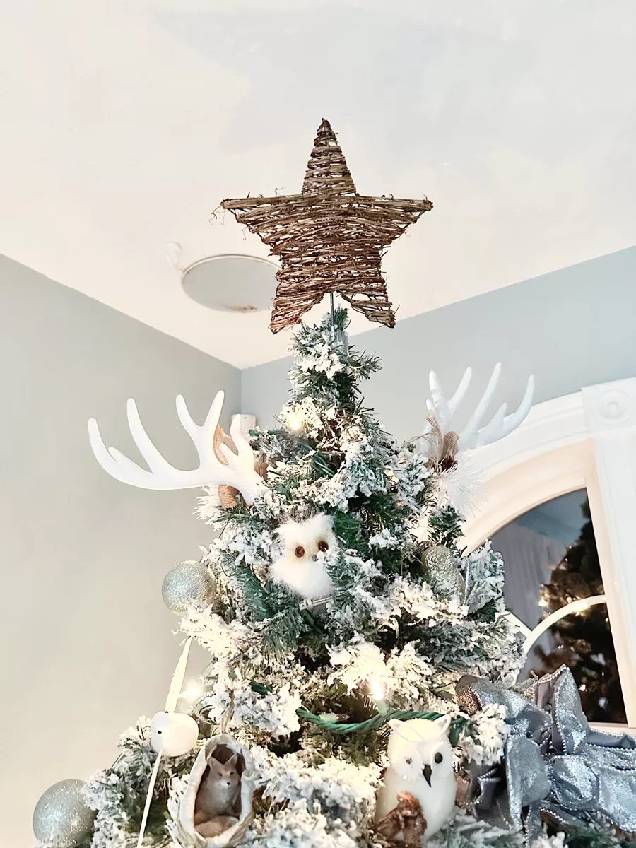 Wooden star on top of Christmas tree with antlers