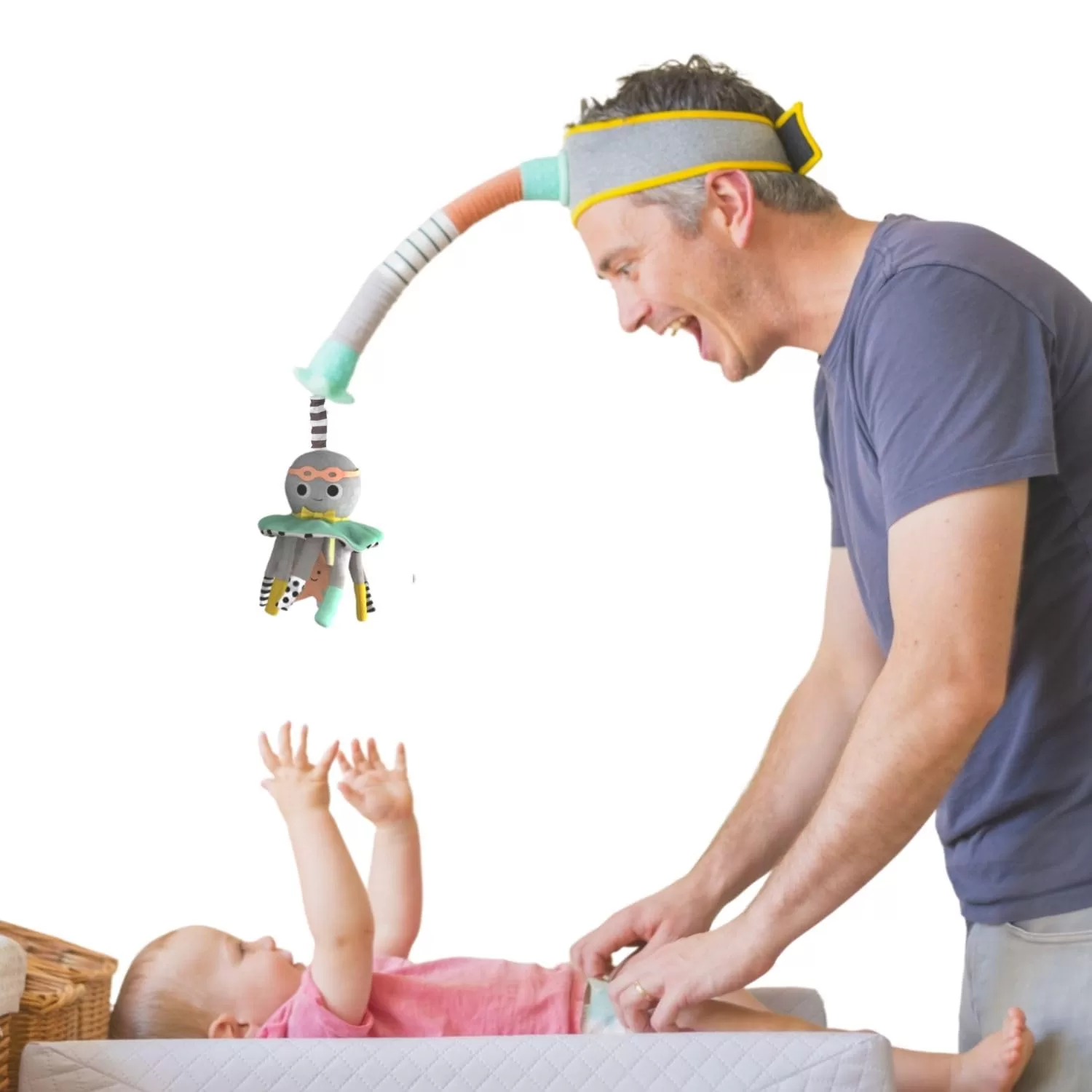 dingle dangle baby toy attached to dads head while baby plays