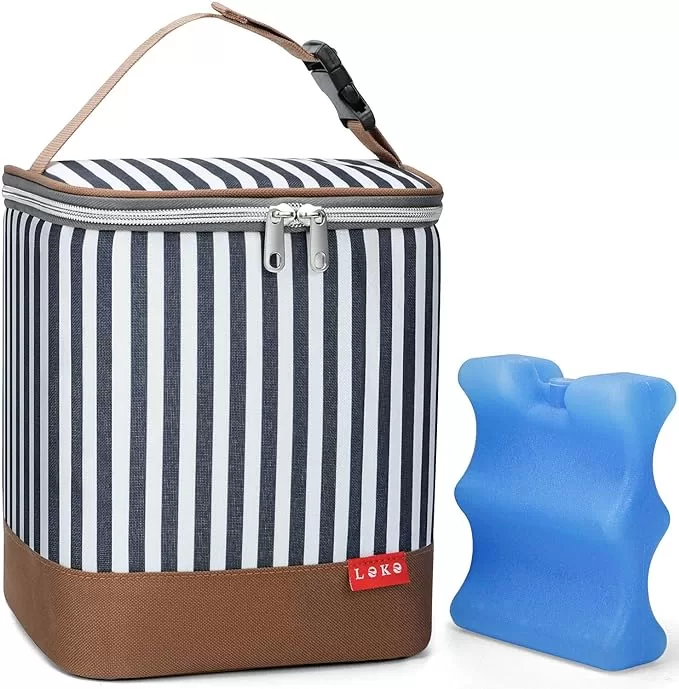 navy pinstriped bottle bag with ice pack