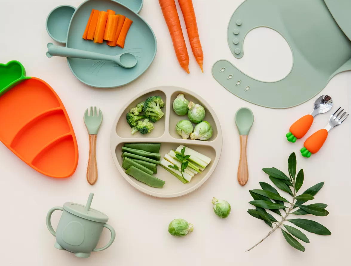 Baby food in bowl. Fresh vegetables on light background. Baby food for the first feeding.