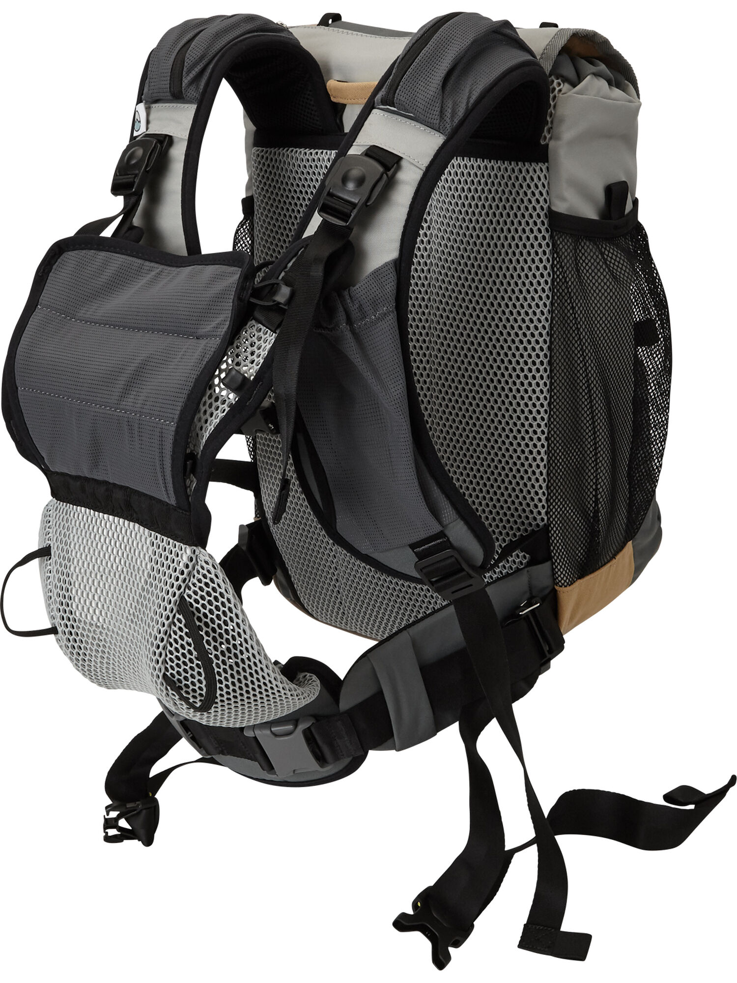 light gray diaper backpack with attached baby carrier