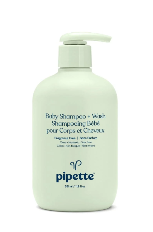 pipette baby wash and shampoo in a sage green bottle against a white background