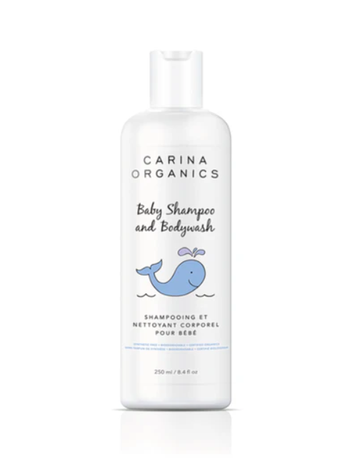 Carina Organics baby body wash and shampoo in a white bottle with a whale on the label against a white background