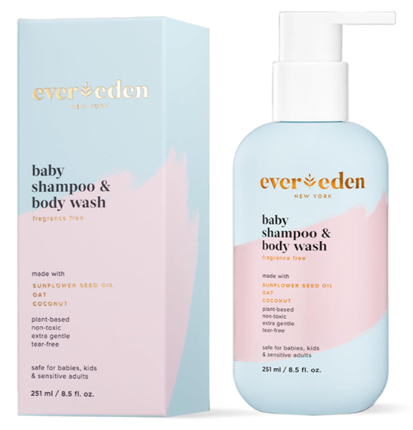 Evereden body wash in a pale blue bottle with baby pink coloring running across the middle