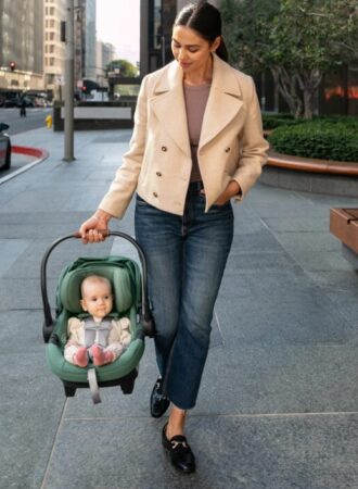 mother carrying infant car seat with baby