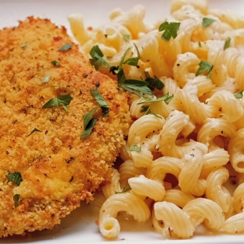 oven fried chicken with garlic parmesan sauce over cavatappi pasta